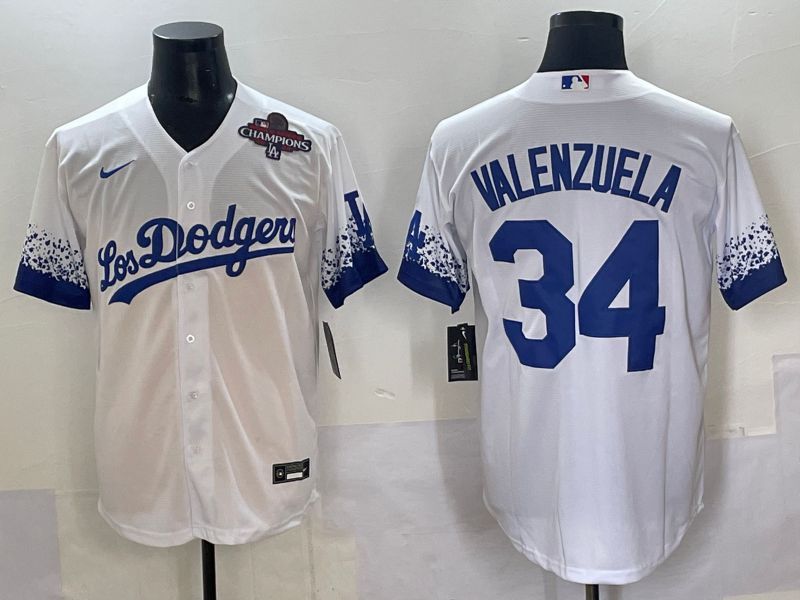 Men 2025 Los Angeles Dodgers #34 Valenzuela White blue City Edition Nike MLB Jersey style 5